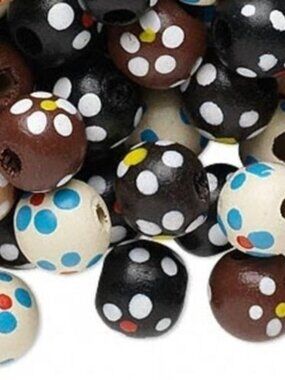 100 Mixed Earthy 11mm Round Painted Flower Wood Beads